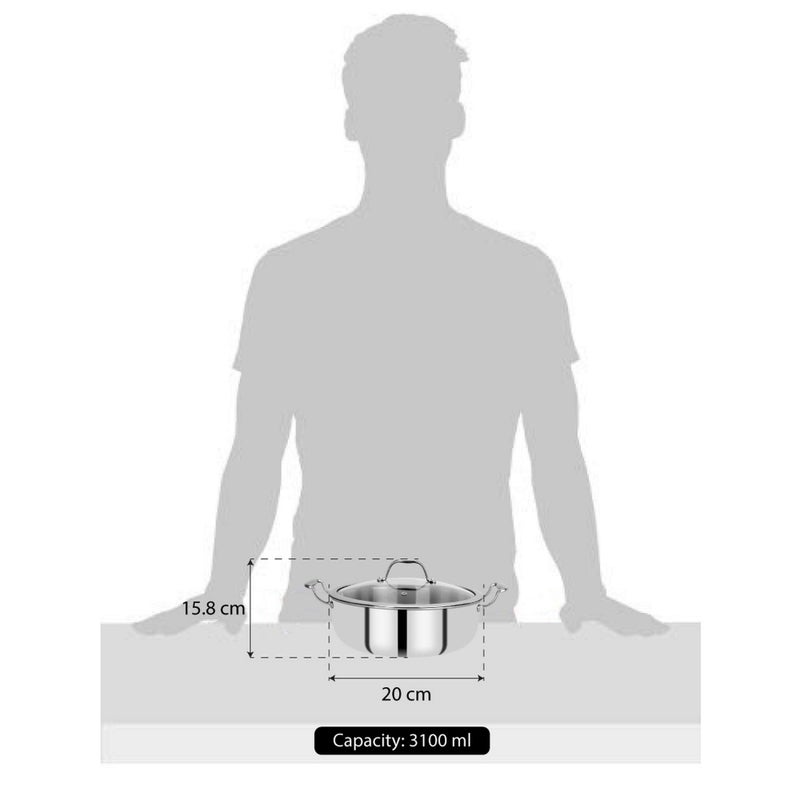 BERGNER طاجن برغنر هاي-تيك ثلاثي الطبقات من الفولاذ المقاوم للصدأ 24 سم (5.3 لتر) مع غطاء زجاجي، طلاء غير لاصق بتصميم خلية النحل من الداخل، طهي صحي، استخدام أقل للزيت، مقبض متين، قبضة ممتازة - قاعدة تحريض - Image 3