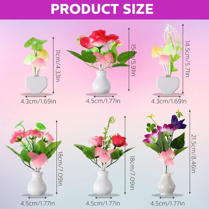 Hortsun مصباح فطر ليلي LED مع مستشعر 6 حزمة يتغير لونه عند التوصيل بمصدر الطاقة مصباح جدار زهور فطر لغرفة النوم والحمام والمطبخ وصالة المدخل والسلم والممر الربيعي - Image 2