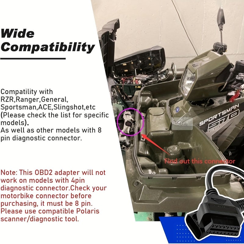 كابل محول تشخيص OBD2 من 8 سنن ذكر إلى 16 سنن لدراجات Polaris النارية ومركبات ATV وSlingshot وRZR ذات 8 سنن بدون بطارية - Image 4