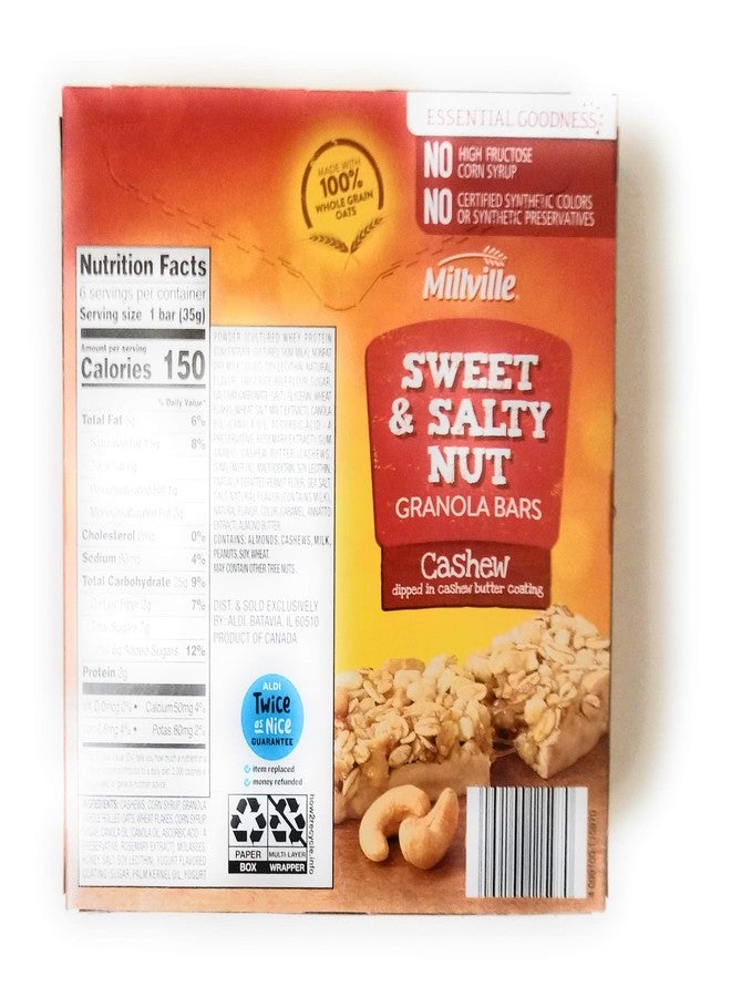 Millville Sweet & Salty Nut Granola Bars | 100% Whole Grain Oats | 7.4 oz (6 bars x 1.2 oz) | Pack of 1 (Cashew) - Image 2