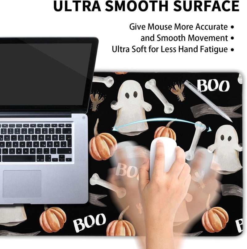 aportt Black White Halloween Gaming Mouse Pad XL Cute Ghost Fall Pumpkin Extended Spooky Large Mat Mousepad Desk Pad Non-Slip Rubber Base Stitched Edge Long Keyboard Pad for Computer,31.5×11.8 Inch - Image 4