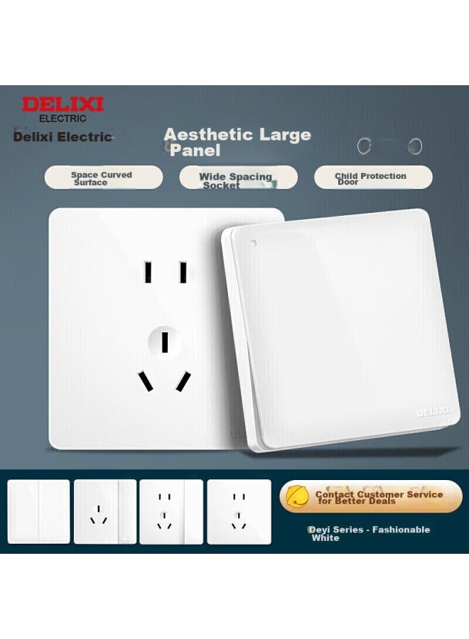 Delixi Switch Socket Panel Cd821 Series, 10a Five-hole Socket With Single Switch And Double Control Switch, Stylish White Large Panel - Image 2