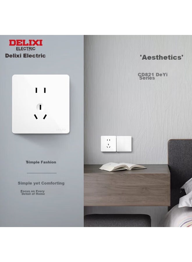 Delixi Switch Socket Panel Cd821 Series, 10a Five-hole Socket With Single Switch And Double Control Switch, Stylish White Large Panel - Image 4