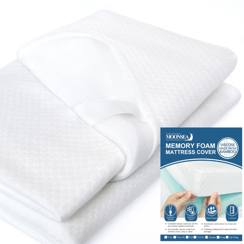 Moonsea Mattress Topper Cover Only for Queen Size Foam Latex, 3-4 Inch Zippered Viscose Made from Bamboo, Removable Queen Size Encasement with Straps - Image 1