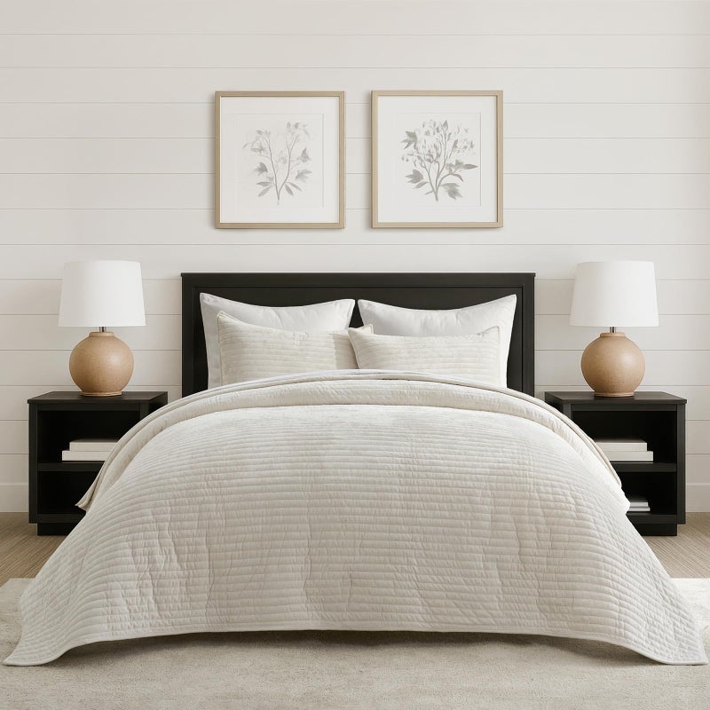 EVERGRACE Velvet Quilt Set King Size, Luxurious Soft Striped Channel Bedding Set, Lightweight Velvet Comforter for All Season, Oversized Bedspread Coverlet with 2 Matching Shams, Ivory White - Image 1