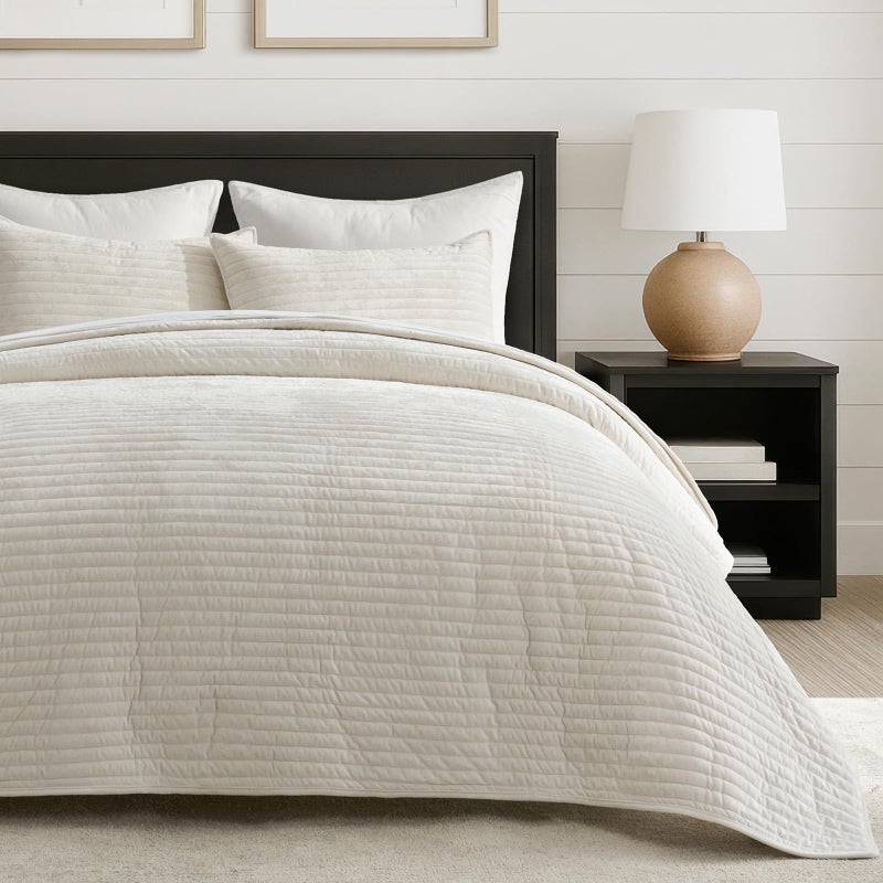 EVERGRACE Velvet Quilt Set King Size, Luxurious Soft Striped Channel Bedding Set, Lightweight Velvet Comforter for All Season, Oversized Bedspread Coverlet with 2 Matching Shams, Ivory White - Image 2
