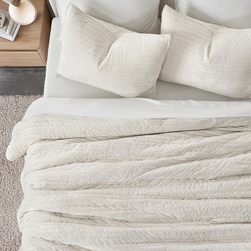 EVERGRACE Velvet Quilt Set King Size, Luxurious Soft Striped Channel Bedding Set, Lightweight Velvet Comforter for All Season, Oversized Bedspread Coverlet with 2 Matching Shams, Ivory White - Image 3