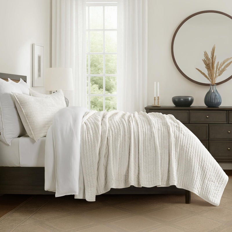 EVERGRACE Velvet Quilt Set King Size, Luxurious Soft Striped Channel Bedding Set, Lightweight Velvet Comforter for All Season, Oversized Bedspread Coverlet with 2 Matching Shams, Ivory White - Image 5