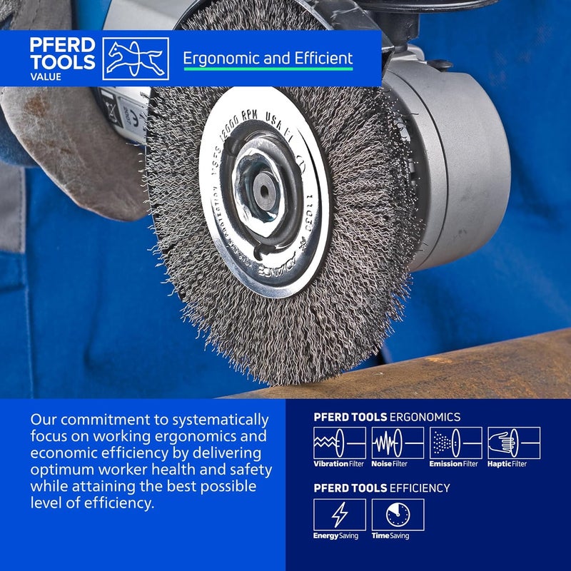 PFERD Crimped Wheel Brush, Stainless Steel Wire, 4-1/2" Diameter, 5/8-11 Thread, 0.014 Wire Size, 15/16" Trim Length, 1/2" Face Width, 12500 max RPM - Part 80354 - Image 5