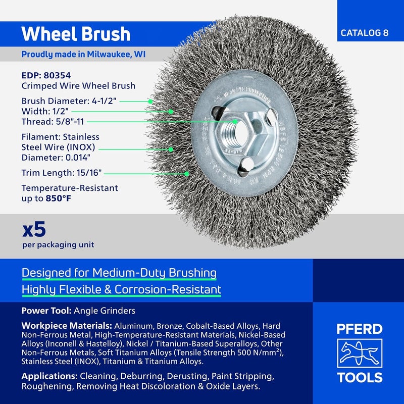 PFERD Crimped Wheel Brush, Stainless Steel Wire, 4-1/2" Diameter, 5/8-11 Thread, 0.014 Wire Size, 15/16" Trim Length, 1/2" Face Width, 12500 max RPM - Part 80354 - Image 3