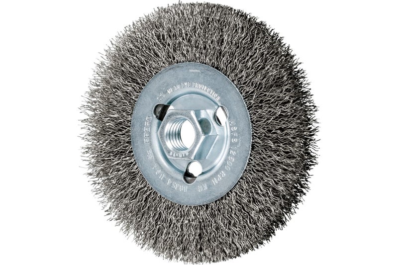 PFERD Crimped Wheel Brush, Stainless Steel Wire, 4-1/2" Diameter, 5/8-11 Thread, 0.014 Wire Size, 15/16" Trim Length, 1/2" Face Width, 12500 max RPM - Part 80354 - Image 1