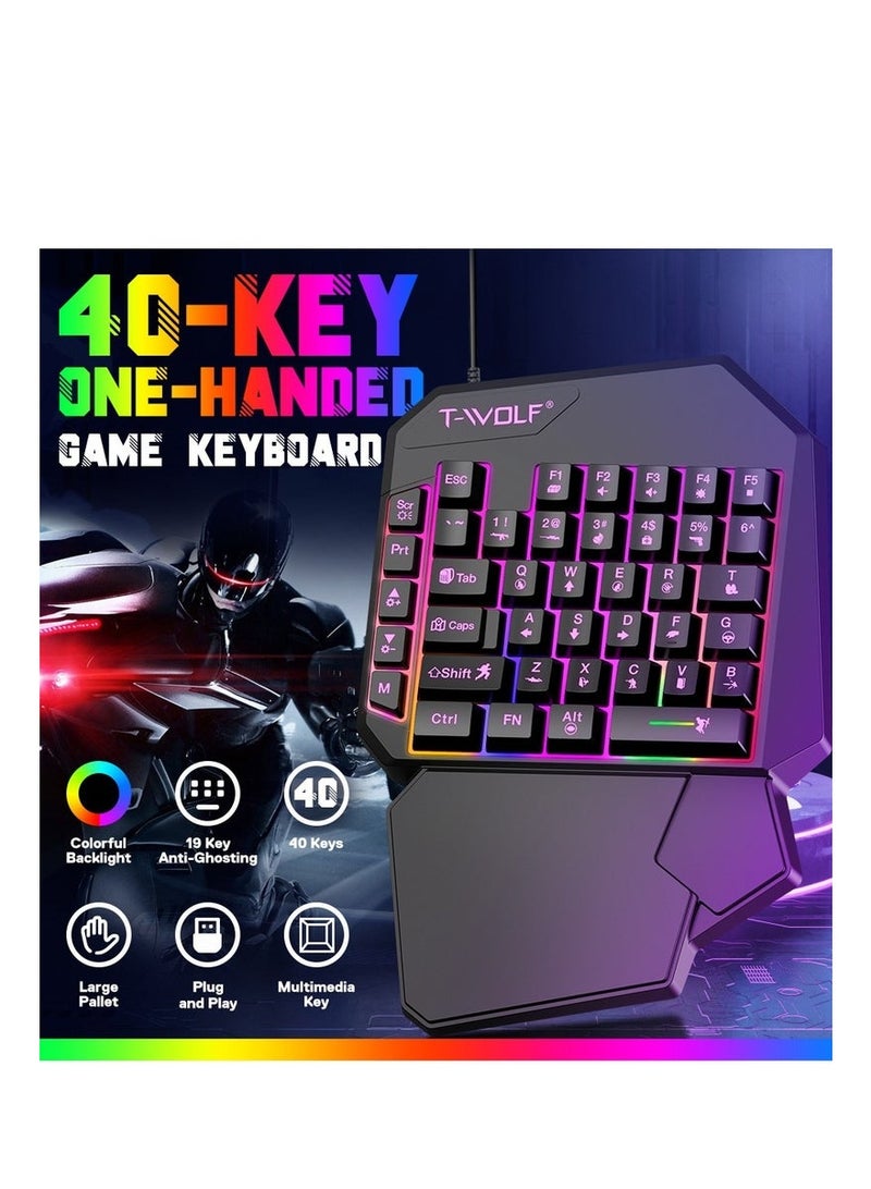 T-WOLF RGB Backlit One-Handed Gaming Keyboard, 40-Keys Anti-Ghosting & 4 DPI Mouse Combo with Ergonomic Palm Rest for PC/PS4/Xbox/PUBG/FIFA (Plug & Play) - Image 2