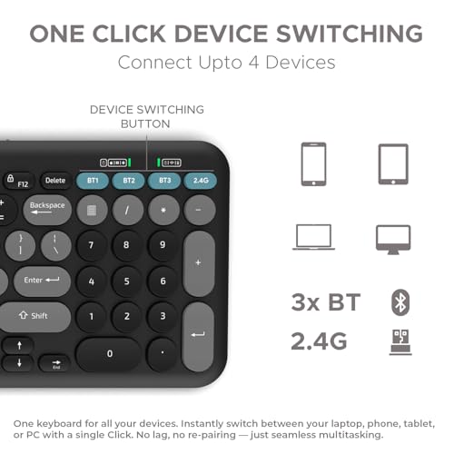Amkette لوحة مفاتيح لاسلكية قابلة لإعادة الشحن Amkette Optimus XL Plus / لوحة مفاتيح بلوتوث للكمبيوتر، تصميم مدمج. برنامج قوي. 2.4G+3xBT، تبديل الأجهزة بنقرة واحدة والوصول الذكي، تخطيط مزدوج لنظام التشغيل (أسود) - Image 2