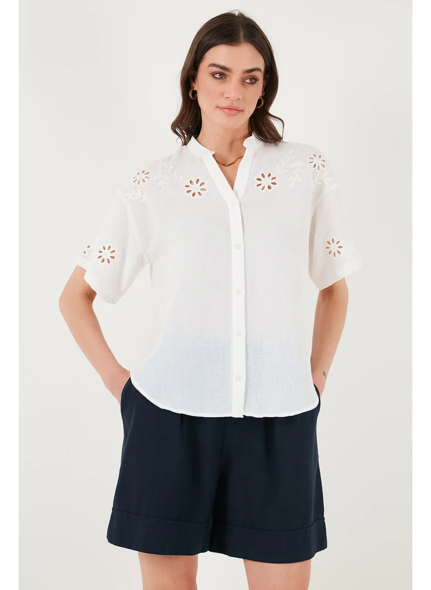Lela Standard Fit Judge Collar Scallop Embroidered Shirt Women's Shirt 6113876