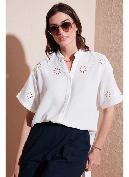 Lela Standard Fit Judge Collar Scallop Embroidered Shirt Women's Shirt 6113876