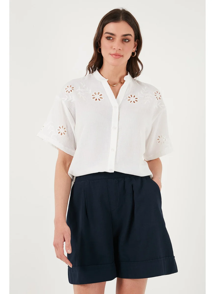 Lela Standard Fit Judge Collar Scallop Embroidered Shirt Women's Shirt 6113876