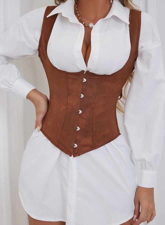 Alivila.Y Fashion Corset Womens Faux Leather Steampunk Corsets Victorian Bustier Top, Brown, S - Image 4