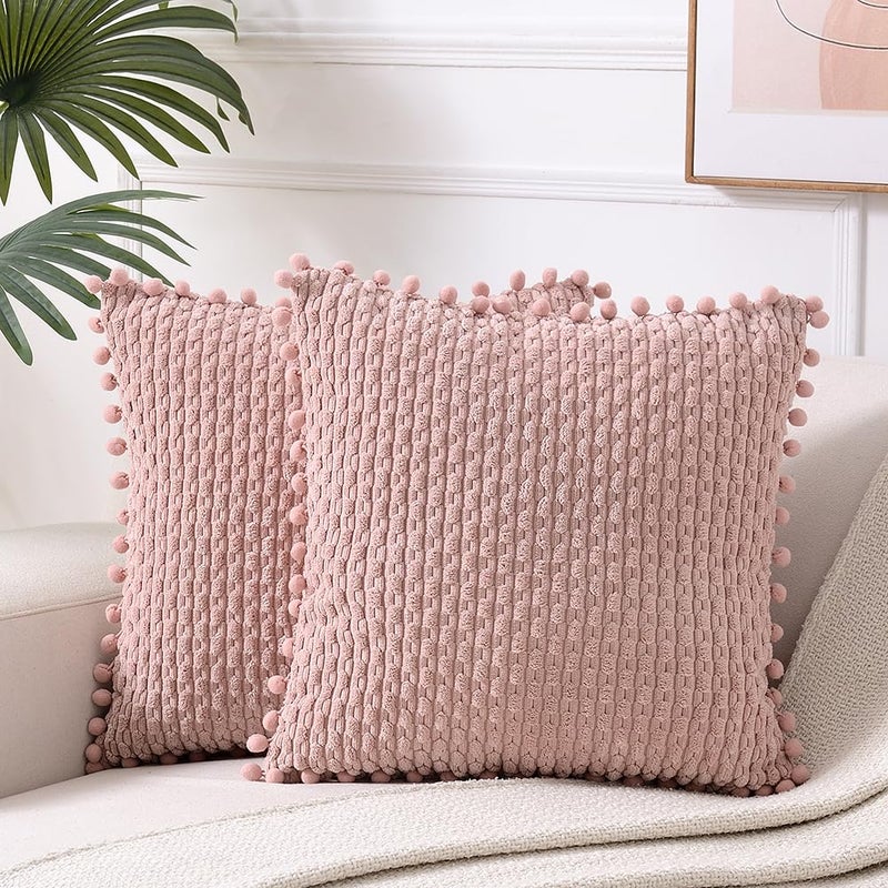 Fancy Homi 2 Packs Dusty Pink Decorative Throw Pillow Covers 16x16 Inch with Pompoms for Couch Bed Sofa Modern Farmhouse Boho Home Decor Soft Cute Plush Corduroy Blush Cushion Case 40x40 CM - Image 2