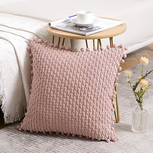 Fancy Homi 2 Packs Dusty Pink Decorative Throw Pillow Covers 16x16 Inch with Pompoms for Couch Bed Sofa Modern Farmhouse Boho Home Decor Soft Cute Plush Corduroy Blush Cushion Case 40x40 CM - Image 3