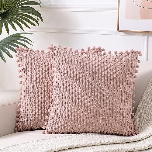 Fancy Homi 2 Packs Dusty Pink Decorative Throw Pillow Covers 16x16 Inch with Pompoms for Couch Bed Sofa Modern Farmhouse Boho Home Decor Soft Cute Plush Corduroy Blush Cushion Case 40x40 CM - Image 1