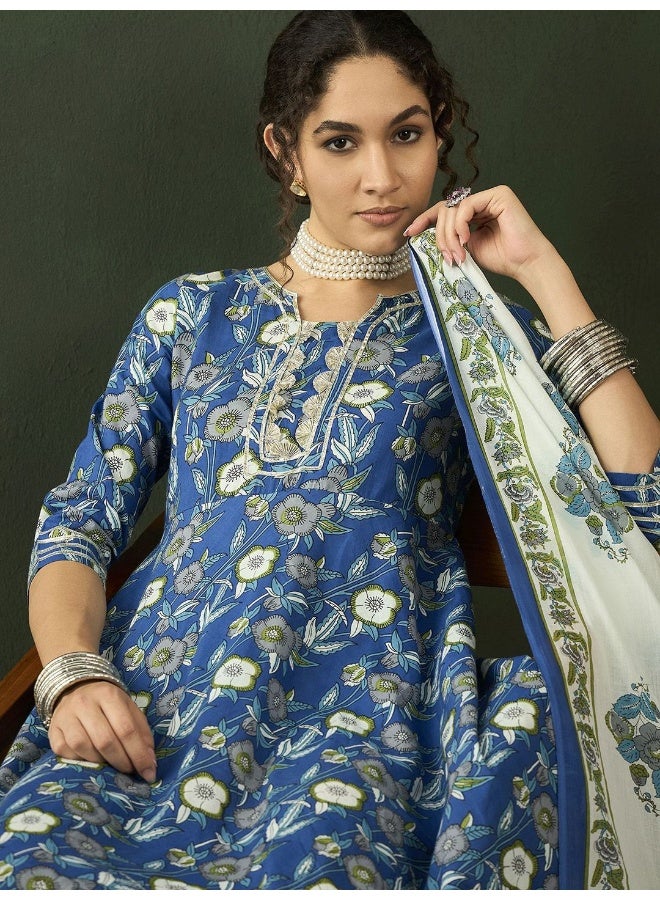 AKS Floral Printed Cotton Maxi Fit Flare Ethnic Dress With Dupatta  - Image 2