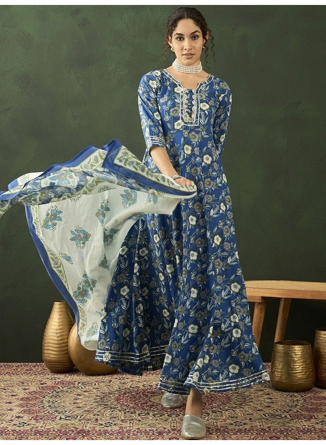 AKS Floral Printed Cotton Maxi Fit Flare Ethnic Dress With Dupatta  - Image 1