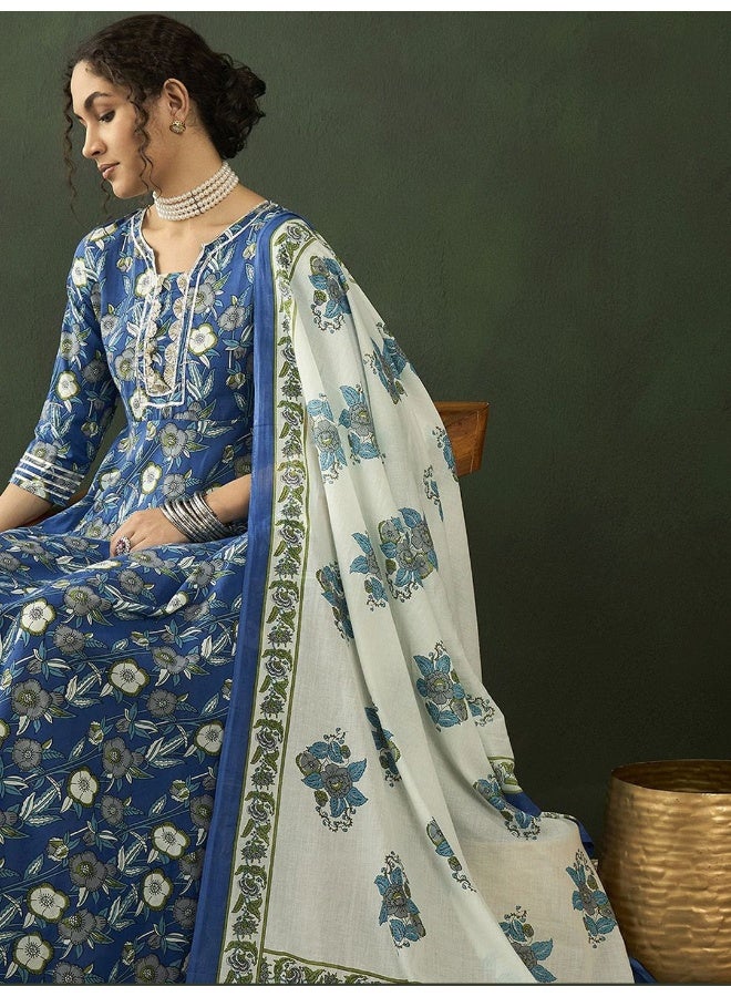 AKS Floral Printed Cotton Maxi Fit Flare Ethnic Dress With Dupatta  - Image 5