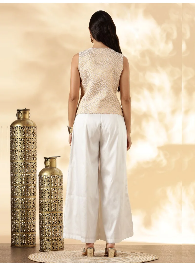 Abhishti  White Brocade Waistcoat and Wide-Leg Pant Set  | Best Price UAE
