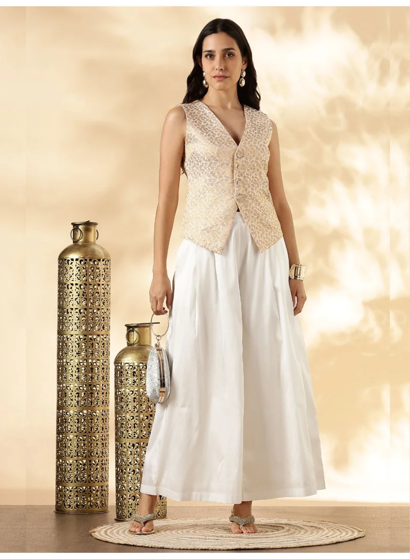 Abhishti  White Brocade Waistcoat and Wide-Leg Pant Set  | Best Price UAE