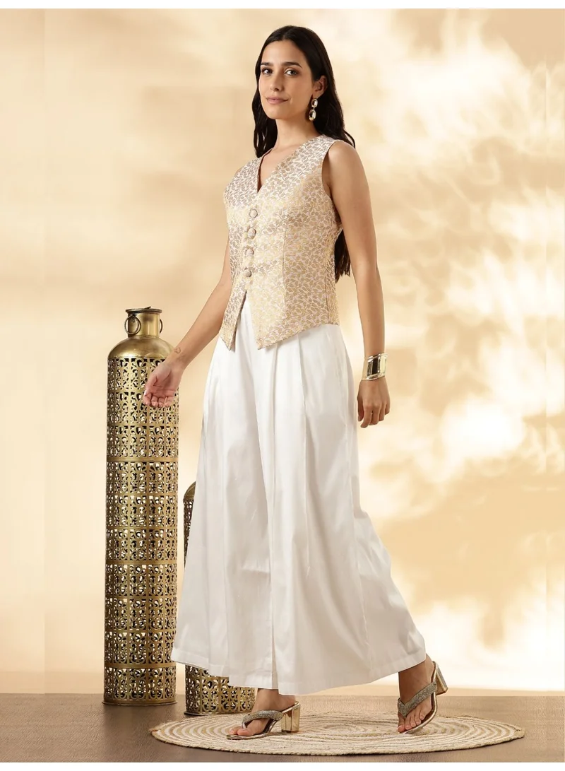 Abhishti  White Brocade Waistcoat and Wide-Leg Pant Set  | Best Price UAE