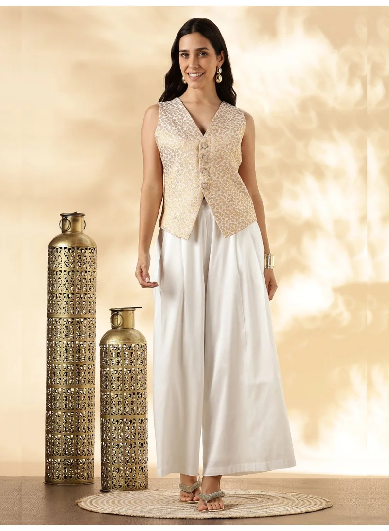 أبهشتي White Brocade Waistcoat and Wide-Leg Pant Set