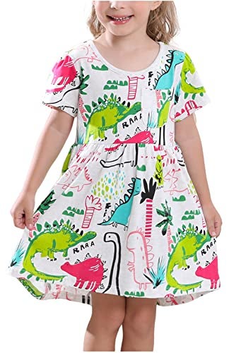 Frogwill Toddler Girls Green Dinosaur Dress Tunic Short Sleeve Summer Casual Clothes, Gray, 3t - Image 1