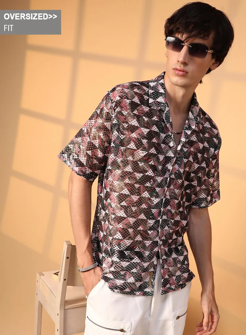 Campus Sutra Campus Sutra Men's Multicolour Overlap Knit Oversized Shirt For Casual Wear | Cuban Collar | Short Sleeve | Button Closure | Oversized Shirt Crafted With Comfort Fit For Everyday Wear