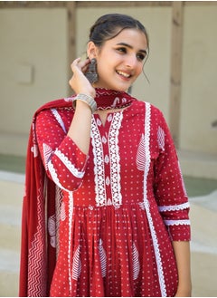PRIYA’S PANACHE Red Cotton Kurta Pant Dupatta Set for Women | Ethnic Indian Salwar Kameez Suit | Ready-to-Wear Traditional Dress  - Image 3