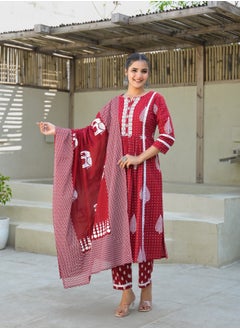 PRIYA’S PANACHE Red Cotton Kurta Pant Dupatta Set for Women | Ethnic Indian Salwar Kameez Suit | Ready-to-Wear Traditional Dress  - Image 4