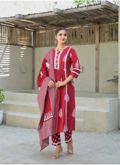 PRIYA’S PANACHE Red Cotton Kurta Pant Dupatta Set for Women | Ethnic Indian Salwar Kameez Suit | Ready-to-Wear Traditional Dress  - Image 5