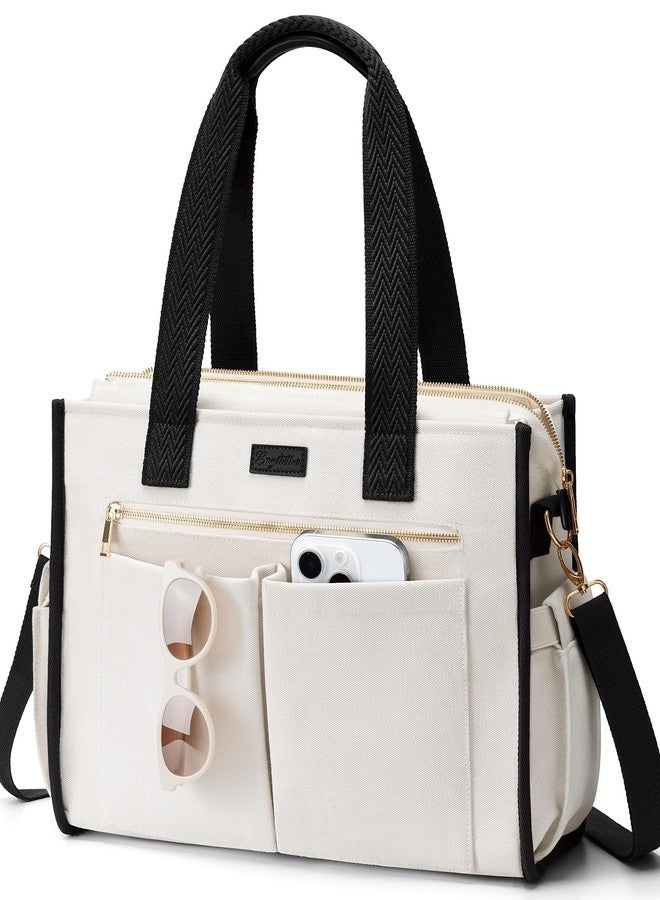 Bagstellar Canvas Tote Bag for Women, 15-Pocket Large Crossbody Handbag Bible Laptop Bag Zipper Bookbag for Teacher Work Travel College, L2.black & White, Large-15.6inch, Fashion - Image 1
