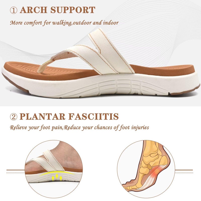 COFACE Womens Orthopedic Flip Flops Ladies Slip On Athletic Yoga Mat Memory Foam Cushioned Recovery Walking Thong Sandals Summer Beach Pool Slippers Plantar Fasciitis Arch Support White Brown Size 7.5 - Image 3
