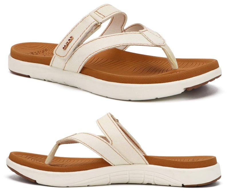 COFACE Womens Orthopedic Flip Flops Ladies Slip On Athletic Yoga Mat Memory Foam Cushioned Recovery Walking Thong Sandals Summer Beach Pool Slippers Plantar Fasciitis Arch Support White Brown Size 7.5 - Image 1