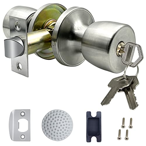 DSJJBLL Satin Nickel Door Knob with Lock and Key Round Ball Lock InteriorExterior Door Knob for Bedroom Or Bathroom 1 Pack