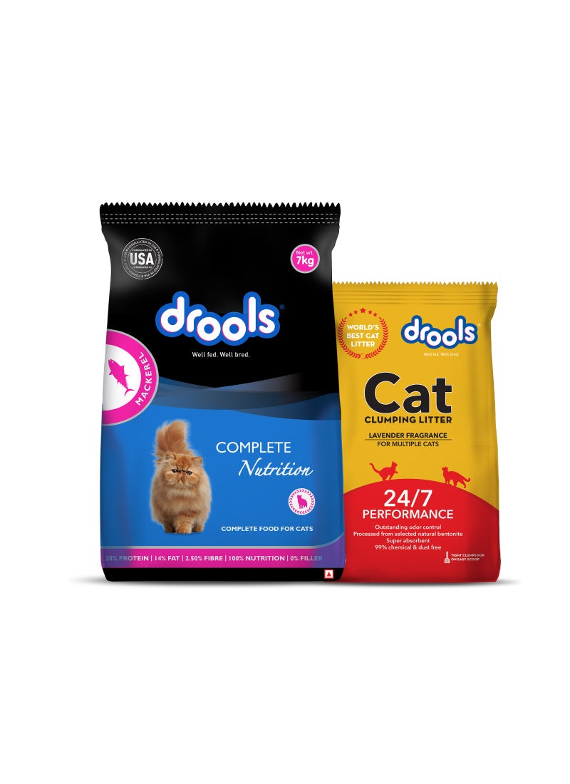Drools طعام جاف للقطط البالغة سمك الماكريل الحقيقي 7 كجم مع 5 كجم من رمل القطط مجاناً - Image 1