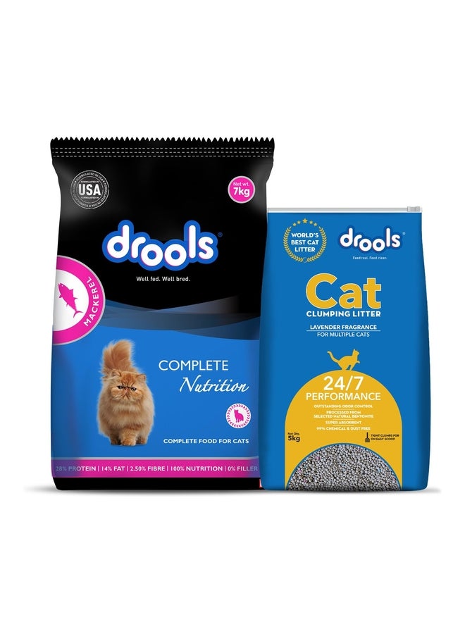 Drools طعام جاف للقطط البالغة سمك الماكريل الحقيقي 7 كجم مع 5 كجم من رمل القطط مجاناً - Image 1