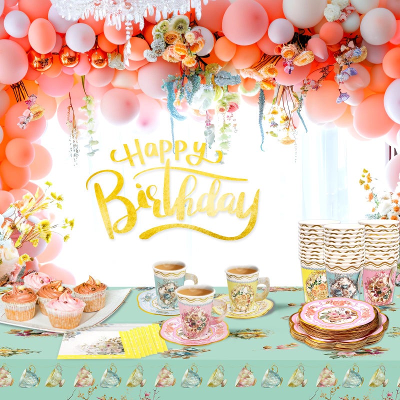 WorldBazaar Tea Party Supplies Floral Dinnerware Set Tea Party Decorations 24 Guests Paper Tea Cups and Saucers Plates Napkins Tablecloth Kids Adult - Image 4