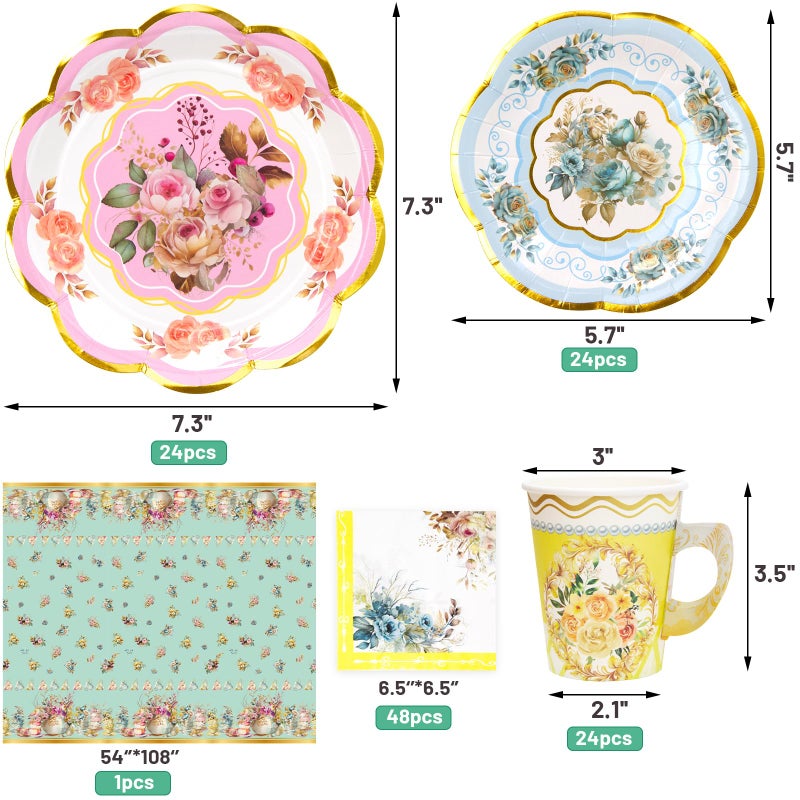 WorldBazaar Tea Party Supplies Floral Dinnerware Set Tea Party Decorations 24 Guests Paper Tea Cups and Saucers Plates Napkins Tablecloth Kids Adult - Image 2