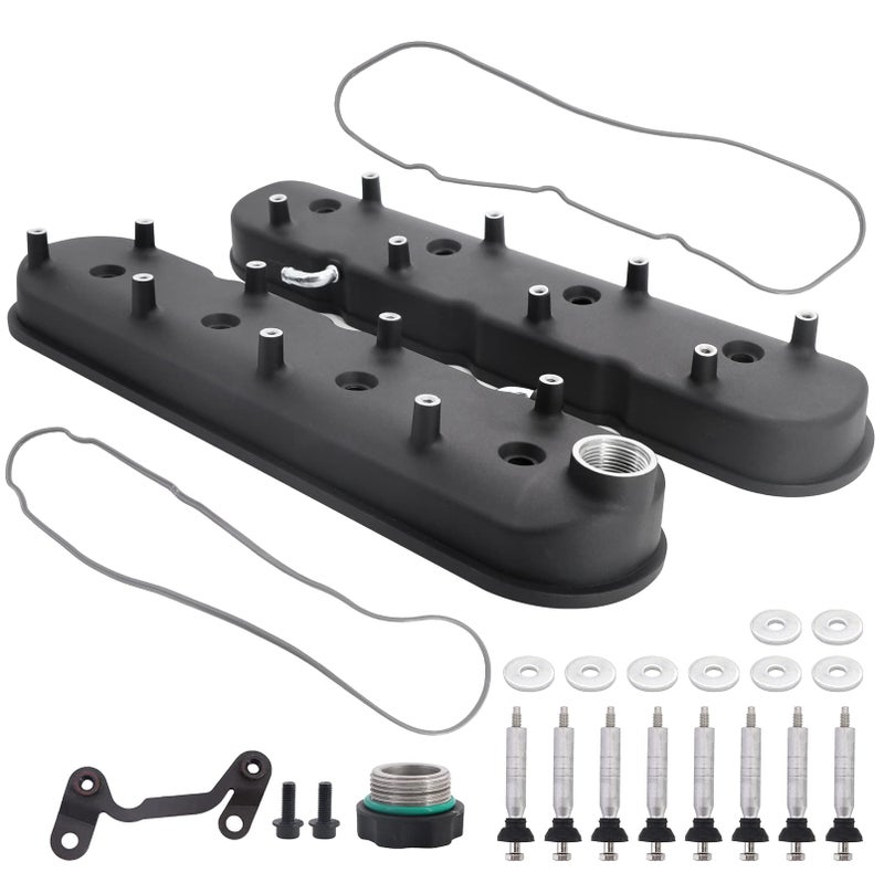 أغطية صمامات من الألمنيوم المصبوب Tektall LS مع قواعد لفائف متوافقة مع Chevy Small Block V8 293 325 346 364 376 427 LS1 LS2 LS3 LS6 53 60 باللون الأسود