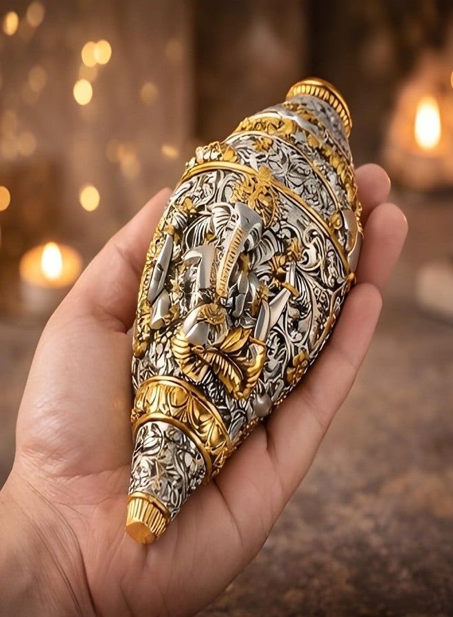 Vinayaka Fab تمثال غانيش شانخ مطلي بالفضة الخالصة عيار 999 والذهب عيار 24 (5.5 بوصة) - تمثال غانيش شانخ ثنائي اللون على شكل صدفة محارة مقدسة | قطعة فنية رائعة من فاستو للمعبد المنزلي والمذبح، لجلب الثروة والنجاح | هدية بوجا مباركة - Image 5