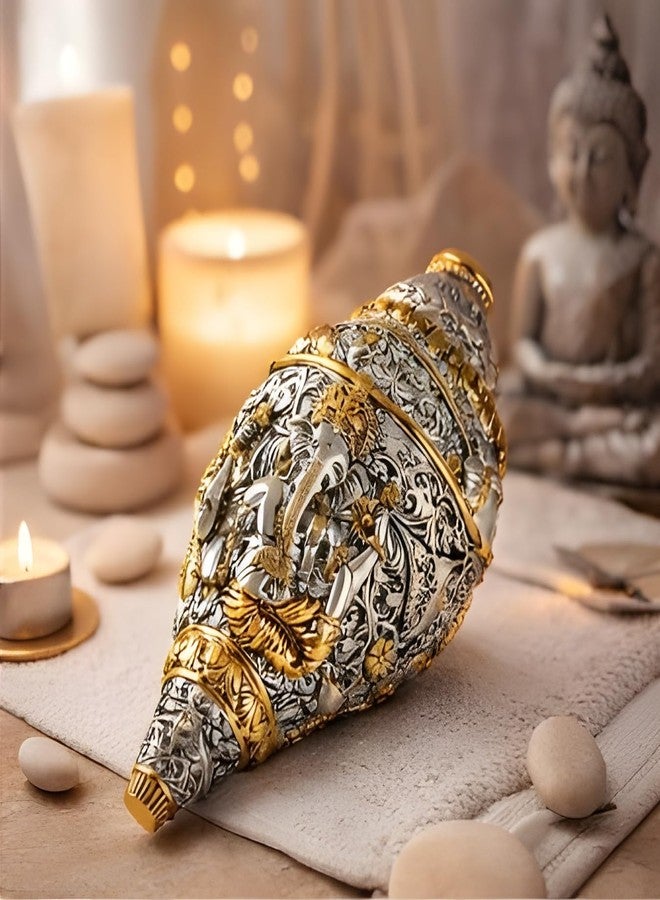 Vinayaka Fab تمثال غانيش شانخ مطلي بالفضة الخالصة عيار 999 والذهب عيار 24 (5.5 بوصة) - تمثال غانيش شانخ ثنائي اللون على شكل صدفة محارة مقدسة | قطعة فنية رائعة من فاستو للمعبد المنزلي والمذبح، لجلب الثروة والنجاح | هدية بوجا مباركة - Image 3