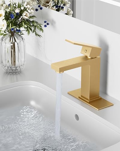 Midanya Bathroom Faucets 1 Hole Single Handle Stainless Steel Bathroom Sink Faucet Modern Vanity Faucets with Deck PlateWater Supply Hoses and Pop Up DrainBrushed Gold - Image 3