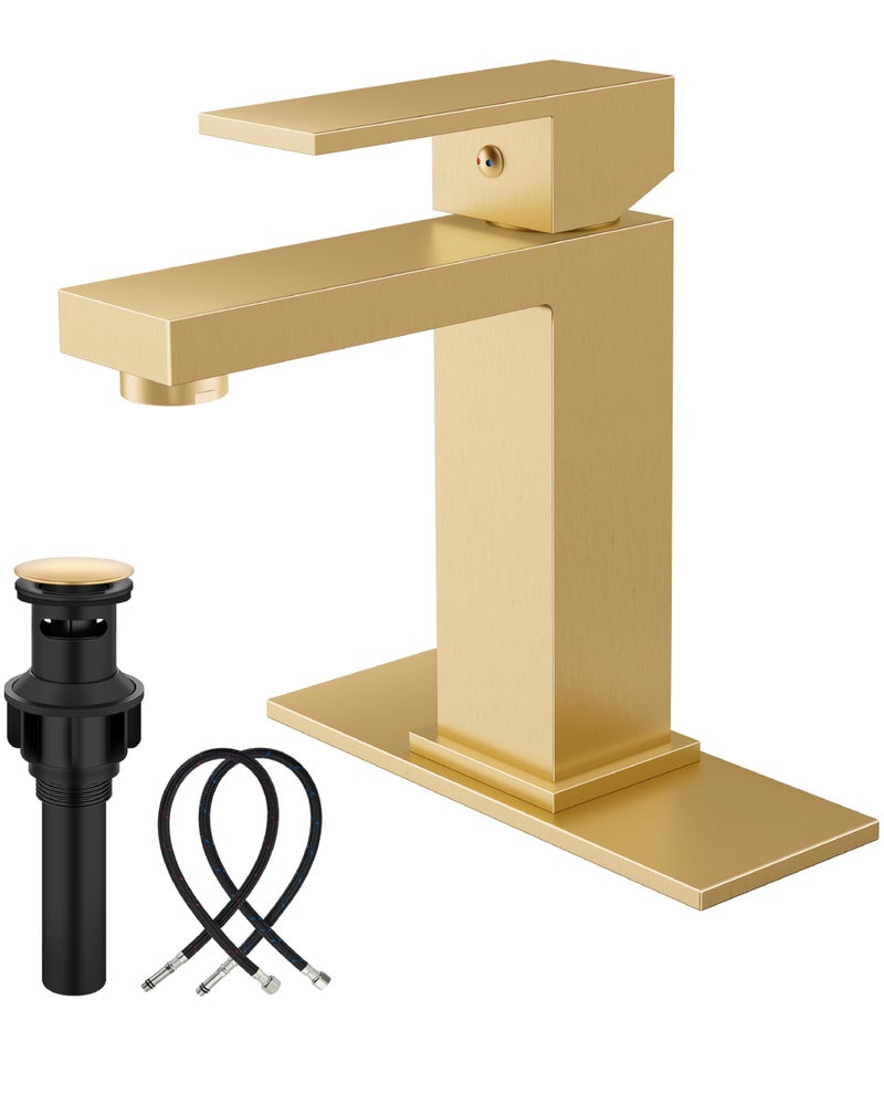 Midanya Bathroom Faucets 1 Hole Single Handle Stainless Steel Bathroom Sink Faucet Modern Vanity Faucets with Deck PlateWater Supply Hoses and Pop Up DrainBrushed Gold - Image 2