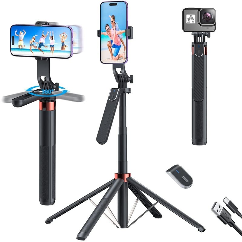 Adofys Selfie Stick with Tripod Stand 360 Degree Rotation Rechargeable Remote Quadripod Stand Balance Handle 71-inch Selfie Stick for Phone Camera Gopro 360°Panoramic Shooting Vlogging Live Stream - Image 1
